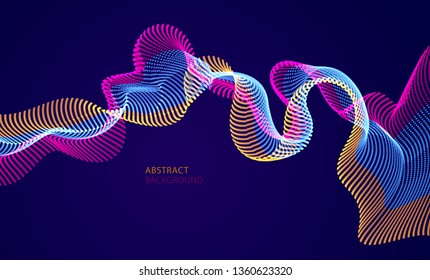 Dynamic particles sound wave flowing over dark. Dotted curves vector abstract background. Beautiful 3d wave shaped array of shining blended points.