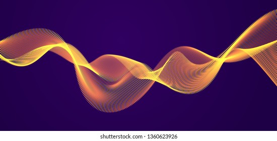 Dynamic particles sound wave flowing over dark. Dotted curves vector abstract background. Beautiful 3d wave shaped array of shining blended points.