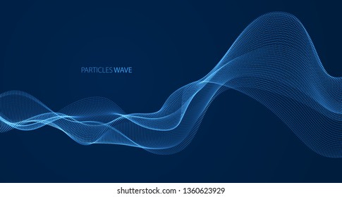 Dynamic particles sound wave flowing over dark. Dotted curves vector abstract background. Beautiful 3d wave shaped array of shining blended points.
