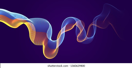 Dynamic particles sound wave flowing over dark. Dotted curves vector abstract background. Beautiful 3d wave shaped array of shining blended points.