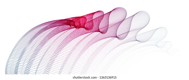 Dynamic particles sound wave flowing, transparent tulle textile on wind. Dotted curves vector abstract background. Beautiful 3d wave shaped array of blended points.