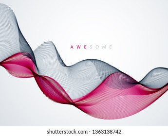 Dynamic particles sound wave flowing. Dotted curves vector abstract background. Beautiful 3d wave shaped array of blended points.