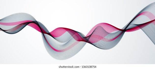 Dynamic particles sound wave flowing. Dotted curves vector abstract background. Beautiful 3d wave shaped array of blended points.