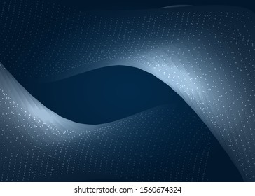 Dynamic particles sound wave flowing over dark. Blurred lights vector abstract background. Beautiful wave shaped array of glowing dots.