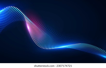 Dynamic particles sound wave flowing over dark. 3d particles mesh array wave, sound flowing. Beautiful 3d wave shaped array of shining blended points. Futuristic Digital technology. Hi-tech. Vector