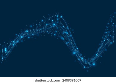 Dynamic particles sound wave flowing with dot light on blue background. Technology background