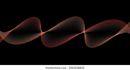 Dynamic particles sound wave flowing over dark. Blurred lights vector abstract background. Beautiful wave shaped array of glowing dots.