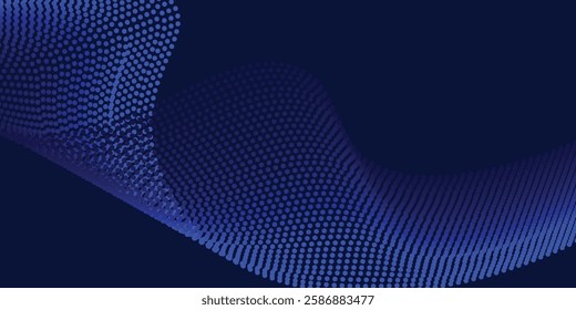 Dynamic particles sound wave flowing over dark. Blurred lights vector abstract background. Beautiful wave shaped array of glowing dots.