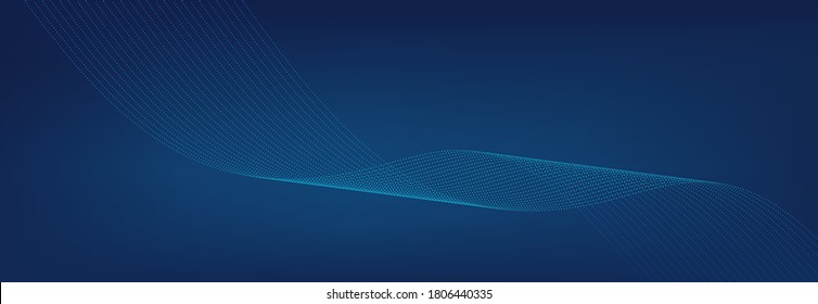 Onda de sonido de partículas dinámicas. Enciende el fondo abstracto vectorial de las líneas. Puntos brillantes en forma de onda. Línea de flujo curva, franjas abstractas. Fondo azul dinámico. Banner con efecto de movimiento de flujo. Vector