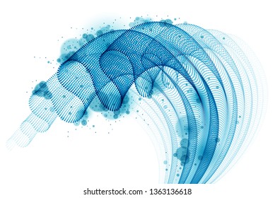Dynamic particles wave flowing, transparent tulle textile on wind. Dotted curves vector abstract background. Beautiful 3d wave shaped array of blended points.
