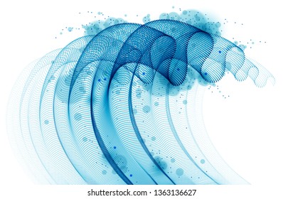 Dynamic particles wave flowing, transparent tulle textile on wind. Dotted curves vector abstract background. Beautiful 3d wave shaped array of blended points.