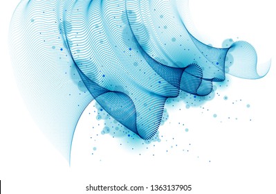 Dynamic particles wave flowing, transparent tulle textile on wind. Dotted curves vector abstract background. Beautiful 3d wave shaped array of blended points.