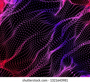 Dynamic particles wave from nodes. 3d sea flowing over dark. Array of colorful lights. Vector abstract globe background. Beautiful stream shapes by glowing dots.