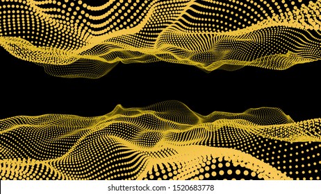 Dynamic particles wave from nodes. 3d sea flowing over dark. Array of colorful lights. Vector abstract symmetric space background. Beautiful stream shapes by glowing dots.