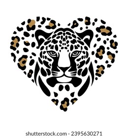 A dynamic and passionate drawing of a leopard face in a heart shape, vector clipart