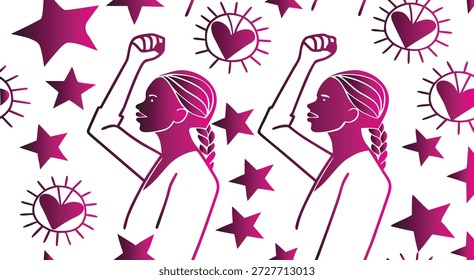 Padrão dinâmico celebrando a força feminina e a solidariedade, com mulheres empoderadas erguendo punhos em meio a estrelas decorativas e corações sunburst em uma ilustração vibrante de gradiente magenta