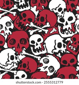 A dynamic pattern featuring an arrangement of red and white skulls paired with crossbones on a black background showcasing a bold and edgy style suitable for various designs.