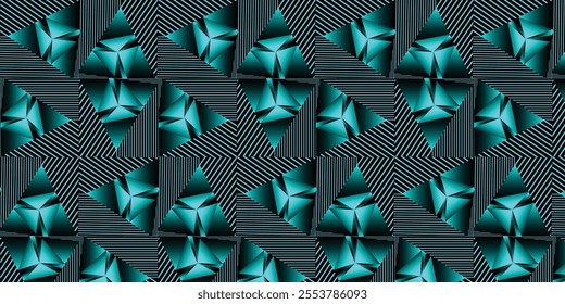 A dynamic pattern featuring teal 3D triangular shapes against a bold striped black-and-white background, suitable for graphic design, fashion prints, or interior wallpaper