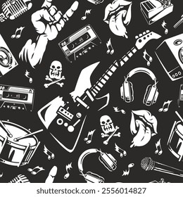 A dynamic pattern filled with iconic rock music symbols including electric guitars microphones drum sets and musical notes. The design captures the essence of a lively music scene.