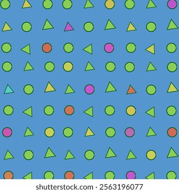 Dynamic pattern with green circles and colorful triangles on a light blue background. Random yet aesthetically pleasing arrangement creates a vibrant, energetic composition.