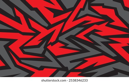 Dynamic pattern of jagged red and black shapes interlocking against a dark gray background, creating a bold and energetic visual effect. Perfect for backdrop, banner, poster, card, wallpaper, webs