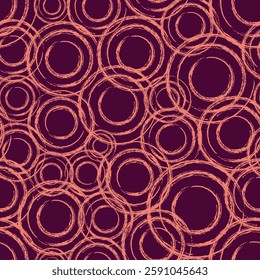 It is a dynamic pattern of overlapping coral-colored circles against a deep purple background, drawn in a rough style to create contrast and movement. 
