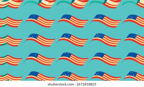 Um padrão dinâmico de agitar bandeiras americanas em um fundo azul-petróleo impressionante, criando uma exibição atraente e patriótica para vários projetos.