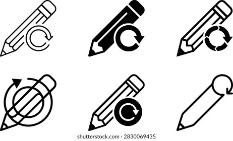 Dynamic pencil edit refresh cycle line vector icon set featuring modify update rewrite write drawing draft revision workflow symbol graphic