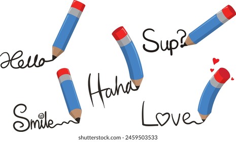 Dynamic pencil mascot, effortlessly striking various poses while proudly displaying written texts next to its lead! Pencil icon.