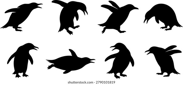 Dynamic penguin silhouette collection showing various active postures isolated on white background