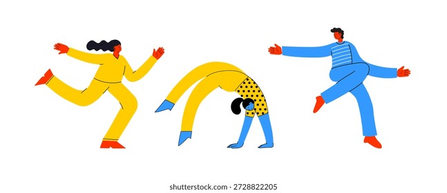 Dynamic People Characters Dancing Jumping and Moving in Modern Flat Style Set