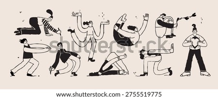 Dynamic People Characters Set In Various Poses Representing Movement Emotions And Activity