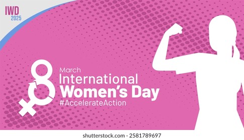 Dynamic pink international women's day 8 March 2025 celebration banner and background with flexing female gesture, 8 symbol combined with female symbol. IWD 2025 campaign with hastag #AccelerateAction