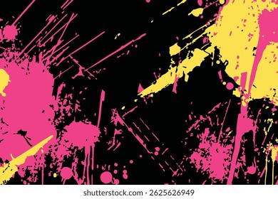 Dynamic pink and yellow vector paint splatter texture on black. Abstract grunge background element for contemporary graphic design.