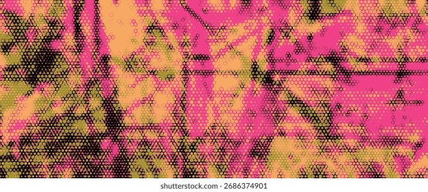 Dynamische rosa und gelbe Vektorfarbe Schmutzspritzer Textur auf Schwarz. Abstraktes farbiges Hintergrundelement für zeitgenössische Grafik.