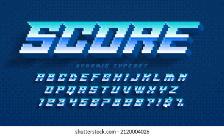Dynamic pixel alphabet design, stylized like in 8-bit games. High contrast and sharp, retro-futuristic. Easy swatch color control. Resize effect.