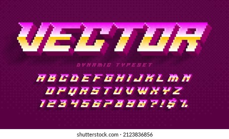 Dynamic pixel alphabet design, stylized like in 8-bit games. High contrast and sharp, retro-futuristic. Easy swatch color control. Resize effect.