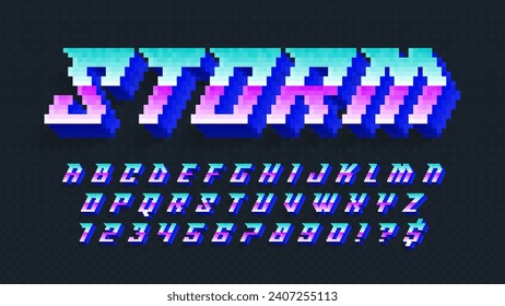 Dynamic pixel alphabet design, stylized like in 8-bit games. High contrast and sharp, retro-futuristic. Easy swatch color control. Resize effect.