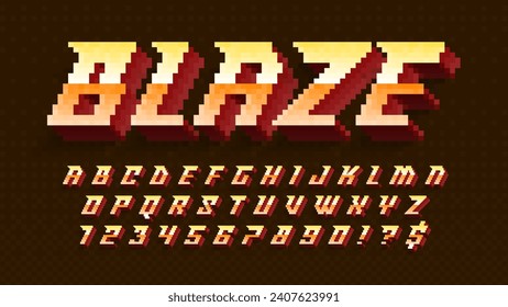 Dynamic pixel alphabet design, stylized like in 8-bit games. High contrast and sharp, retro-futuristic. Easy swatch color control. Resize effect.