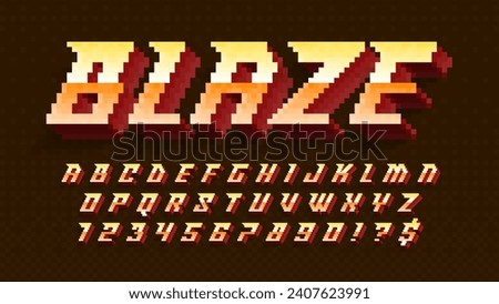 Dynamic pixel alphabet design, stylized like in 8-bit games. High contrast and sharp, retro-futuristic. Easy swatch color control. Resize effect.
