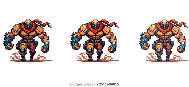 Ilustración dinámica del pixel art de un guerrero fuerte, enmascarado adornado con una bufanda roja, mostrando una postura de acción. Video Ideal para el diseño de juegos y proyectos de estilo retro.