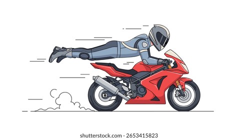 Dynamic pixel art motorcycle rider performing an aerodynamic stunt on a red sportbike