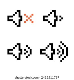 Dynamic pixel icon set. Load speaker on, off, mute vector sign. Sound signal control symbol user interface mobile app, messenger, computer. Volume button audio device. Retro computer game 8 bit design