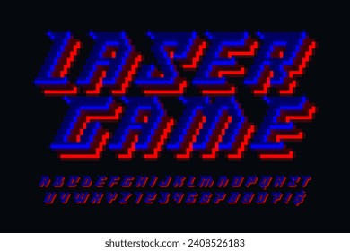 Dynamic pixel neon alphabet design, stylized like in 8-bit games. High contrast and sharp, retro-futuristic. Easy swatch color control. 