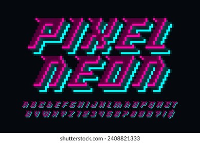 Dynamic pixel neon alphabet design, stylized like in 8-bit games. High contrast and sharp, retro-futuristic. Easy swatch color control. 