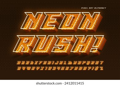 Dynamic pixel neon alphabet design, stylized like in 8-bit games. High contrast and sharp, retro-futuristic. Easy swatch color control.