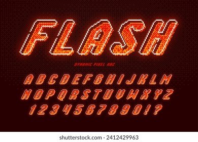 Dynamic pixel neon alphabet design, stylized like in 8-bit games. High contrast and sharp, retro-futuristic. Easy swatch color control.