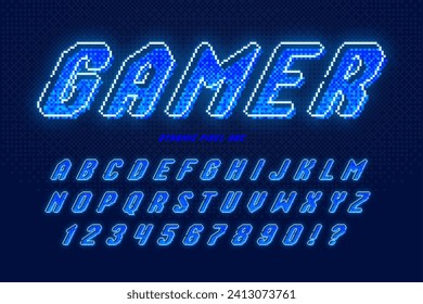 Dynamic pixel neon alphabet design, stylized like in 8-bit games. High contrast and sharp, retro-futuristic. Easy swatch color control.