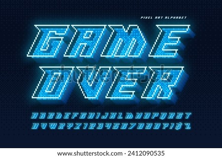 Dynamic pixel neon alphabet design, stylized like in 8-bit games. High contrast and sharp, retro-futuristic. Easy swatch color control.