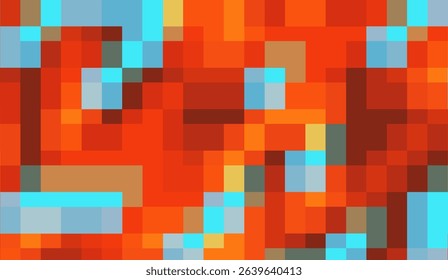 Dynamic Pixel Play: An Abstract Digital Composition with Warm Orange, Red and Cool Cyan Accents, Modern Geometric Art for Vibrant Backgrounds or Technology-Inspired Design
